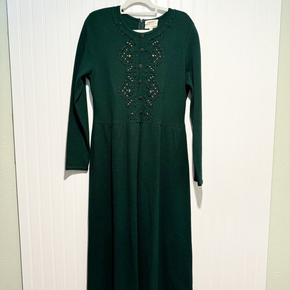 Susan Bristol Dark Green Beaded Midi Dress wool blend